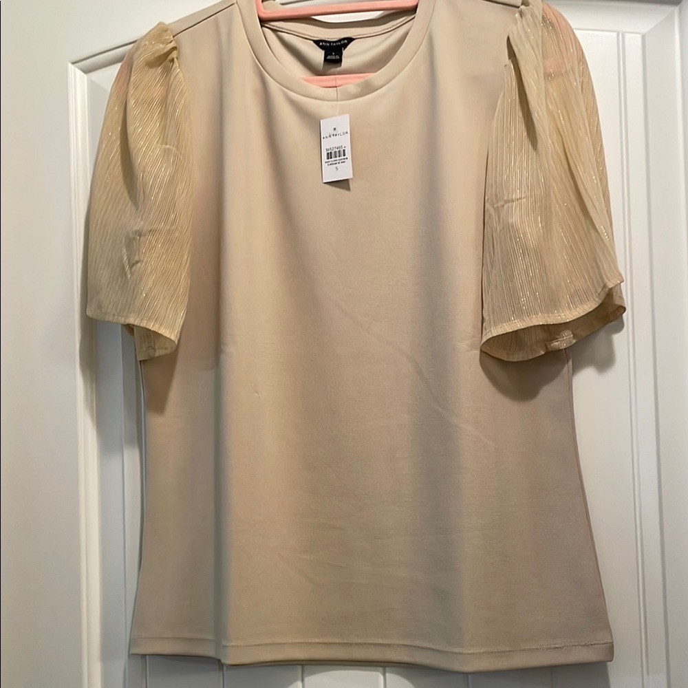 Ann Taylor Almond Cream Shimmer Puff Sleeve Blouse